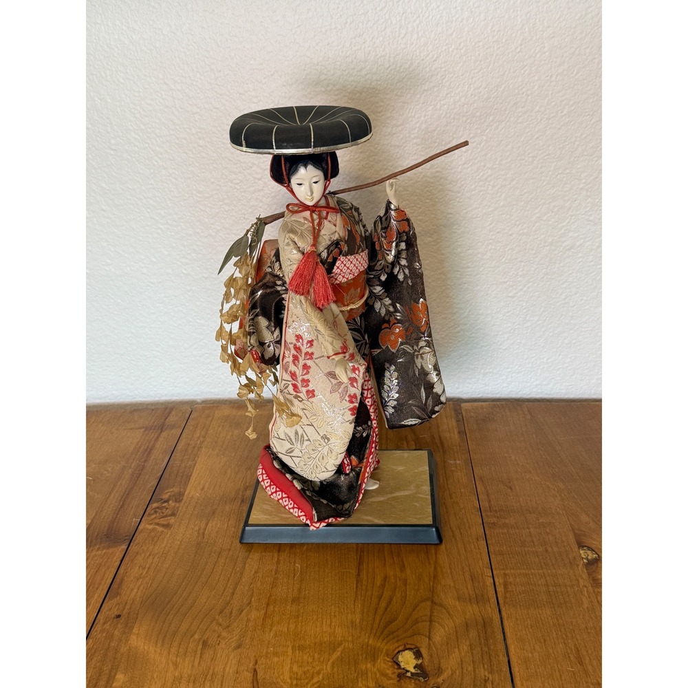 Vintage Japanese Geisha Doll Silk Kimono Traditional Folk Art Display 12 Inch